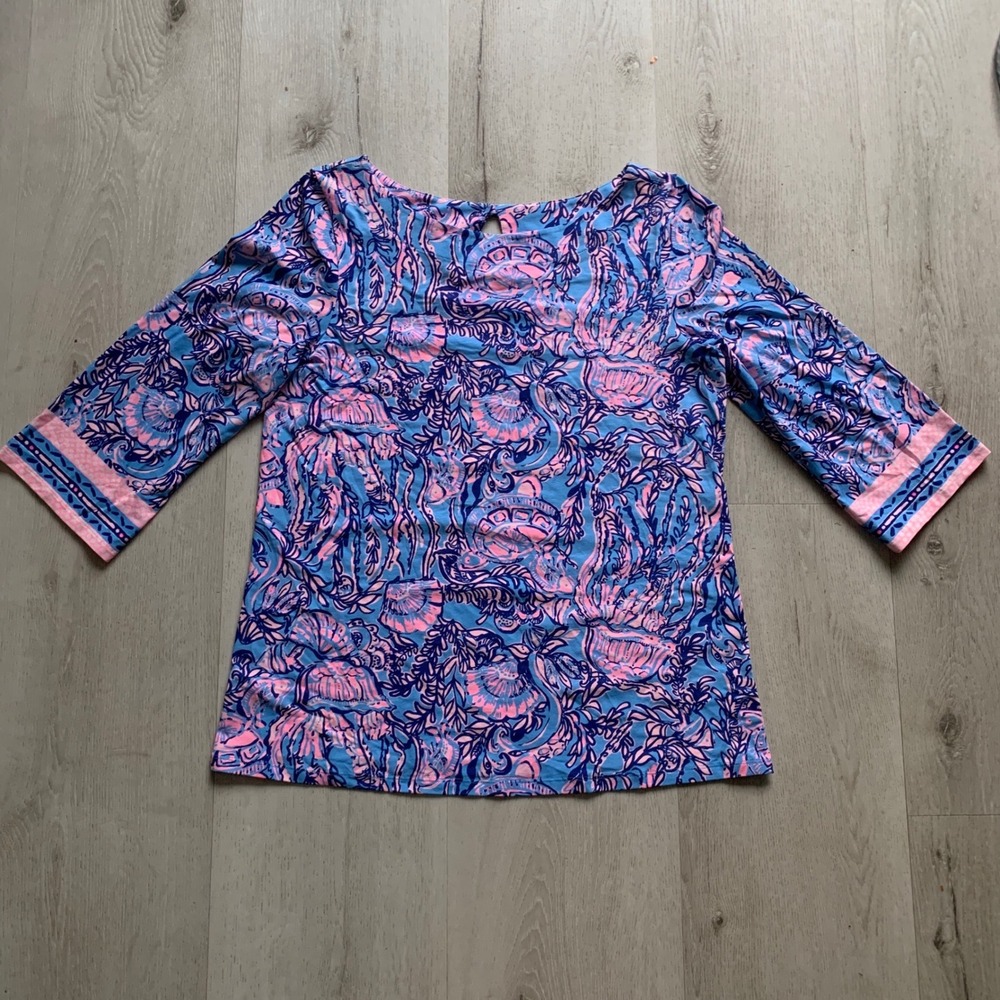 Lilly Pulitzer Womens Large Blue Pink Sea Turtle Jellyfish Long Sleeve Knit Top
